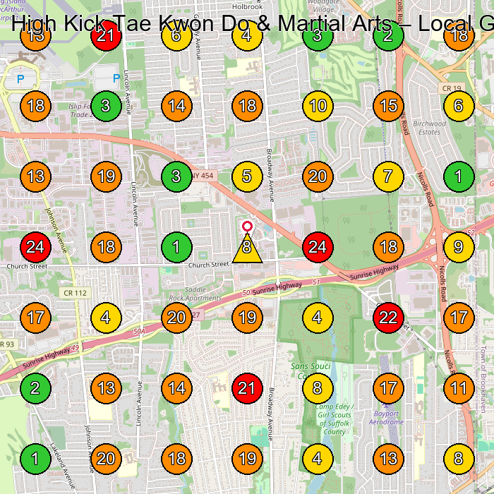 High Kick Tae Kwon Do & Martial Arts Martial Arts School GeoGrid ranking map for Sayville NY